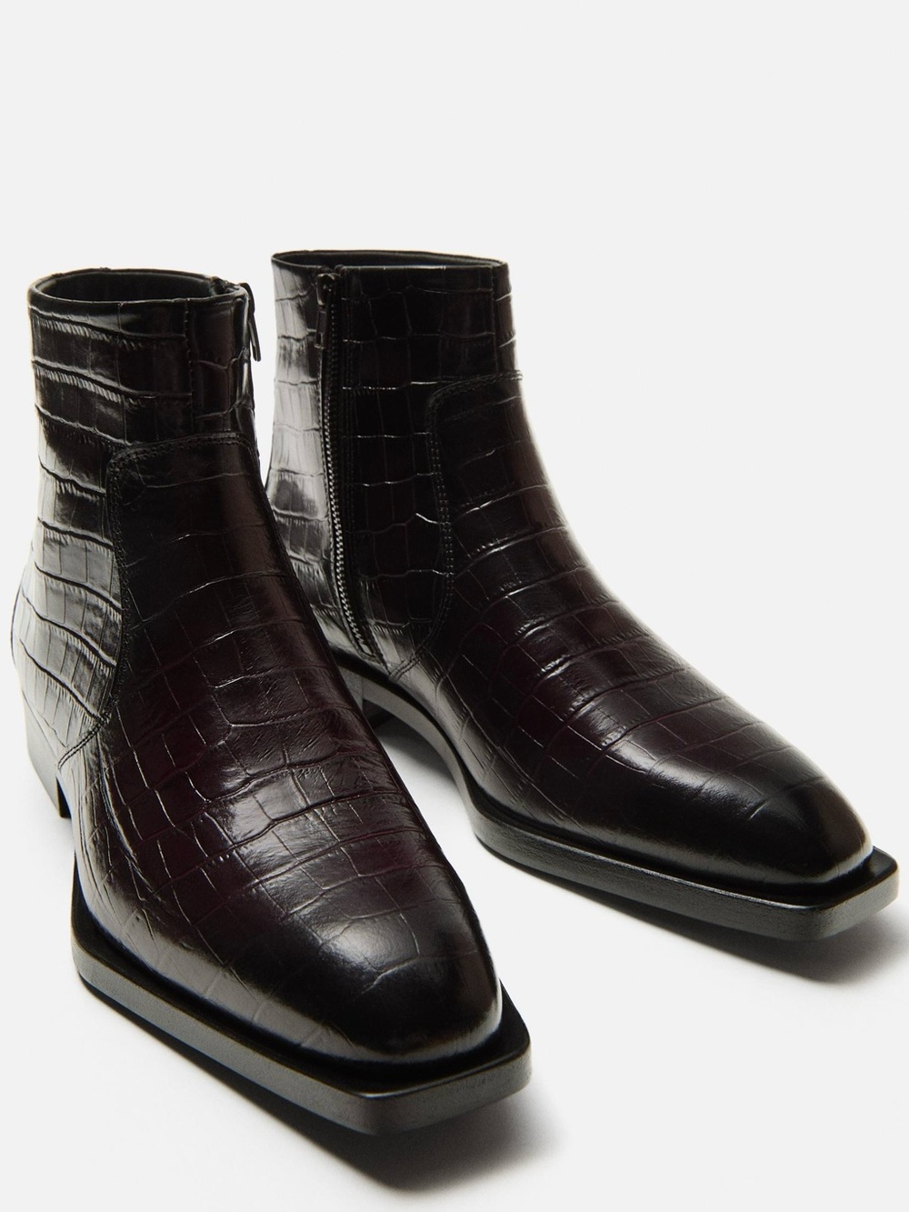 Zara Leather Croc Embossed Ankle Boots Pointed Toe Side Zip Dark Brown Men’s 12